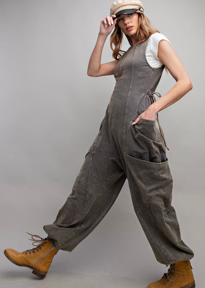 Sleeveless Washed Cargo Jumpsuit