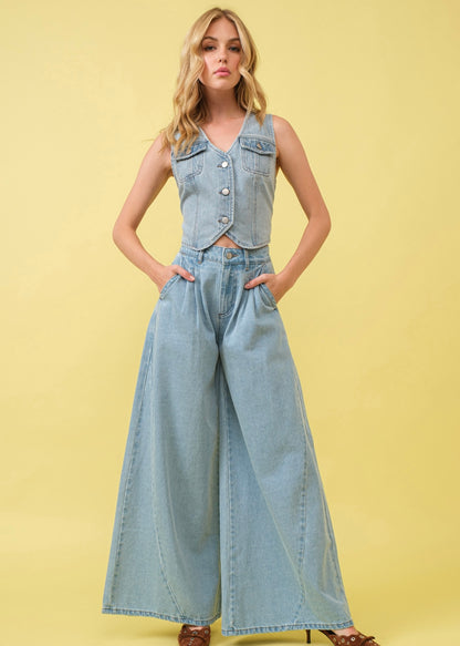 Pleated Mid Rise Denim