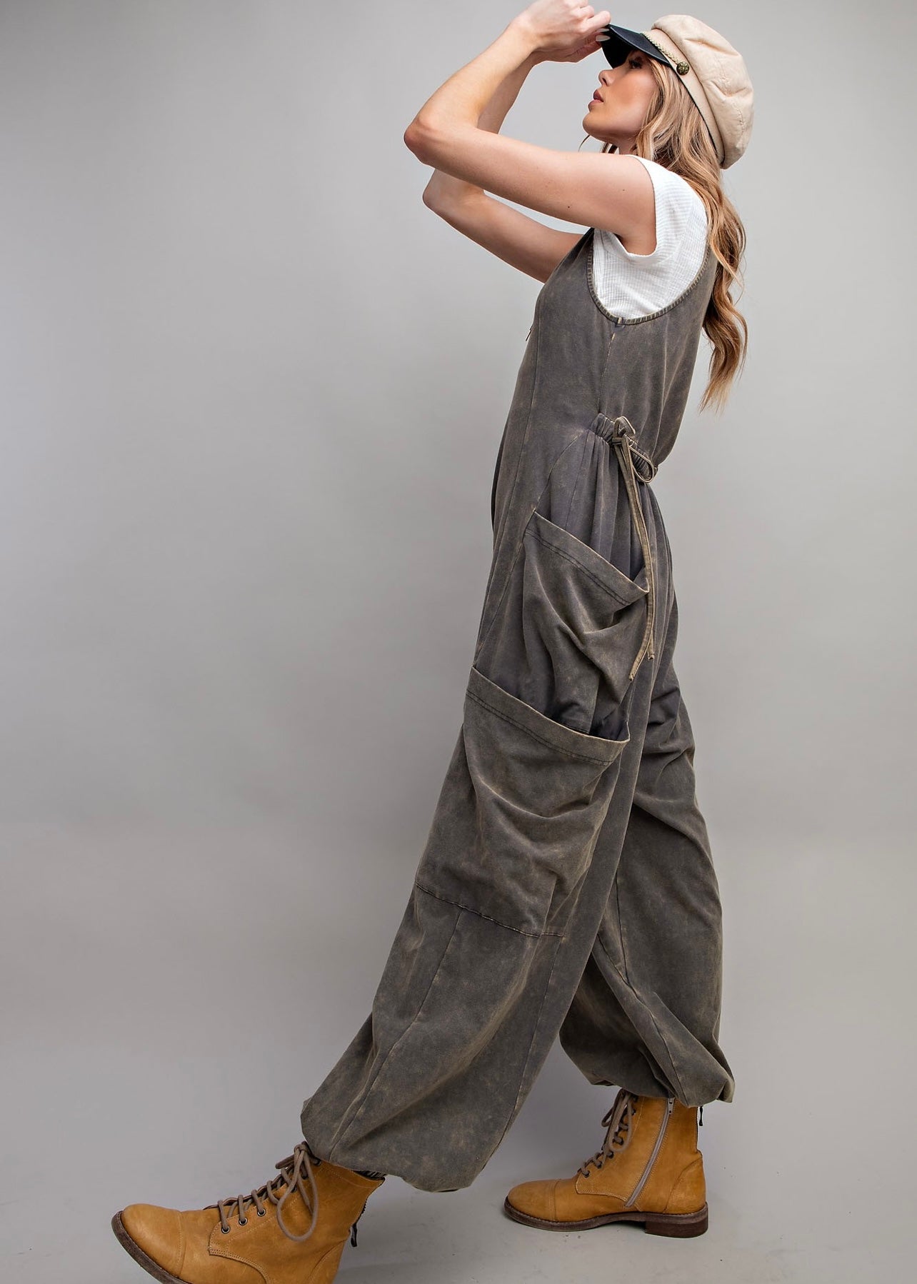 Sleeveless Washed Cargo Jumpsuit