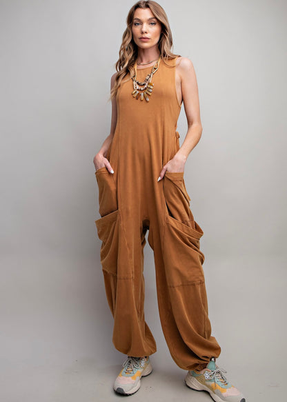 Sleeveless Washed Cargo Jumpsuit