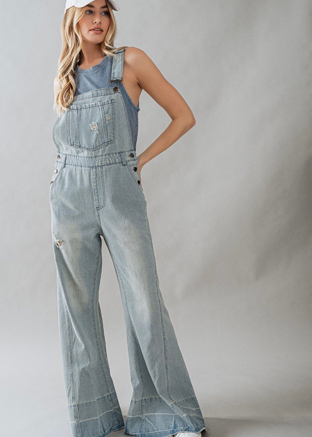 Distressed Wide Flare Overalls