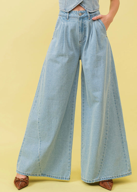 Pleated Mid Rise Denim