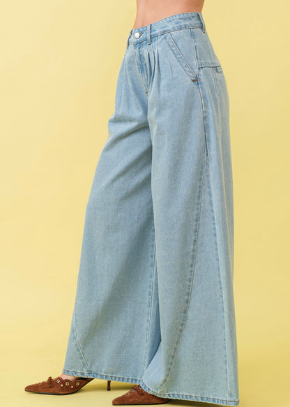 Pleated Mid Rise Denim