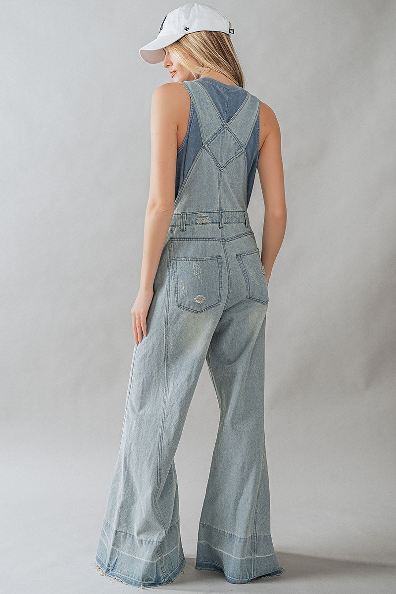 Distressed Wide Flare Overalls