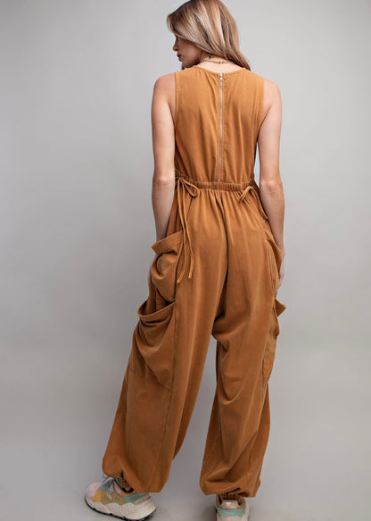 Sleeveless Washed Cargo Jumpsuit