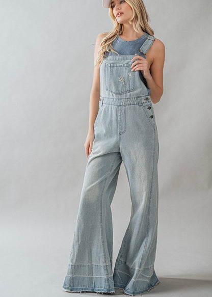 Distressed Wide Flare Overalls