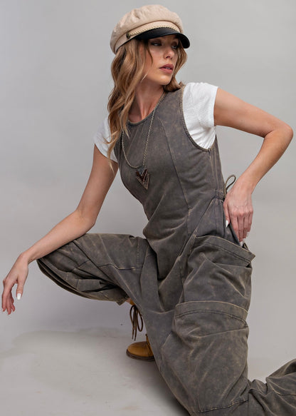 Sleeveless Washed Cargo Jumpsuit