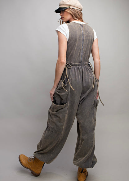 Sleeveless Washed Cargo Jumpsuit