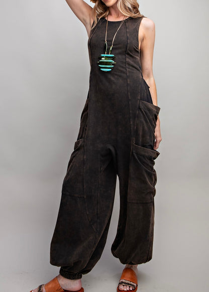 Sleeveless Washed Cargo Jumpsuit