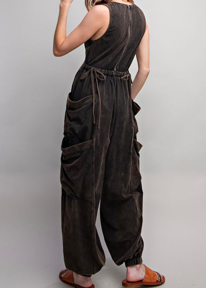 Sleeveless Washed Cargo Jumpsuit