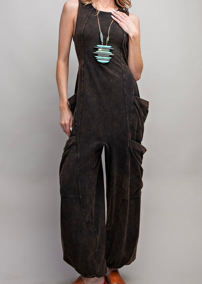 Sleeveless Washed Cargo Jumpsuit