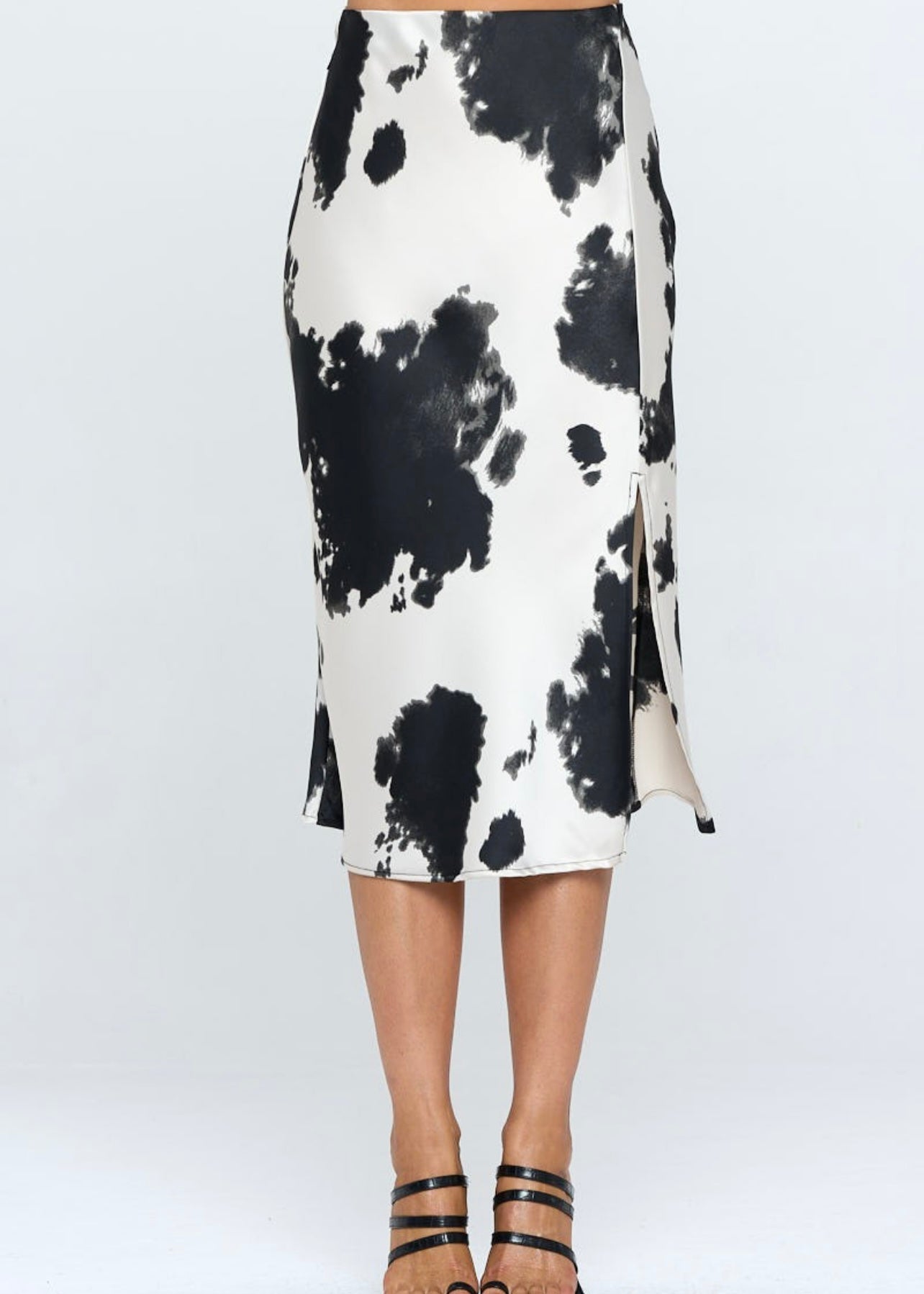 Satin Cow Print Midi Skirt