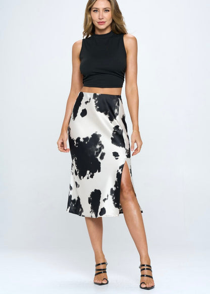 Satin Cow Print Midi Skirt