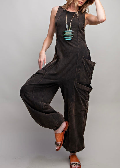 Sleeveless Washed Cargo Jumpsuit