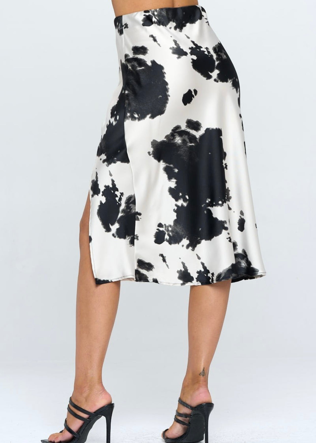 Satin Cow Print Midi Skirt