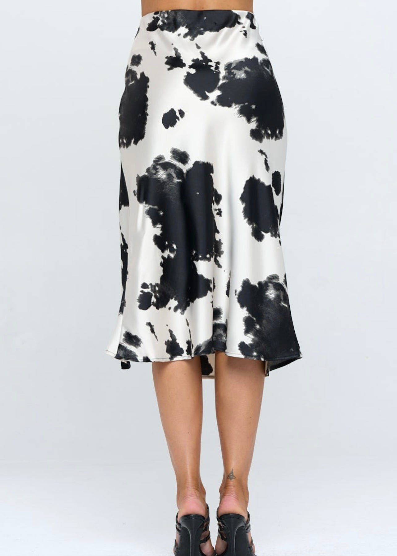 Satin Cow Print Midi Skirt